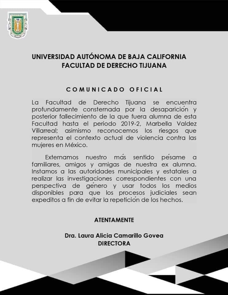 Comunicado de la Faculta de Derecho de la UABC.