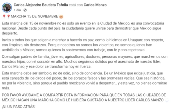 Carlos Tafolla convoca a marcha nacional pacífica