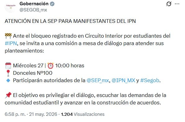 Segob acuerda diálogo con estudiantes del IPN en medio de protestas