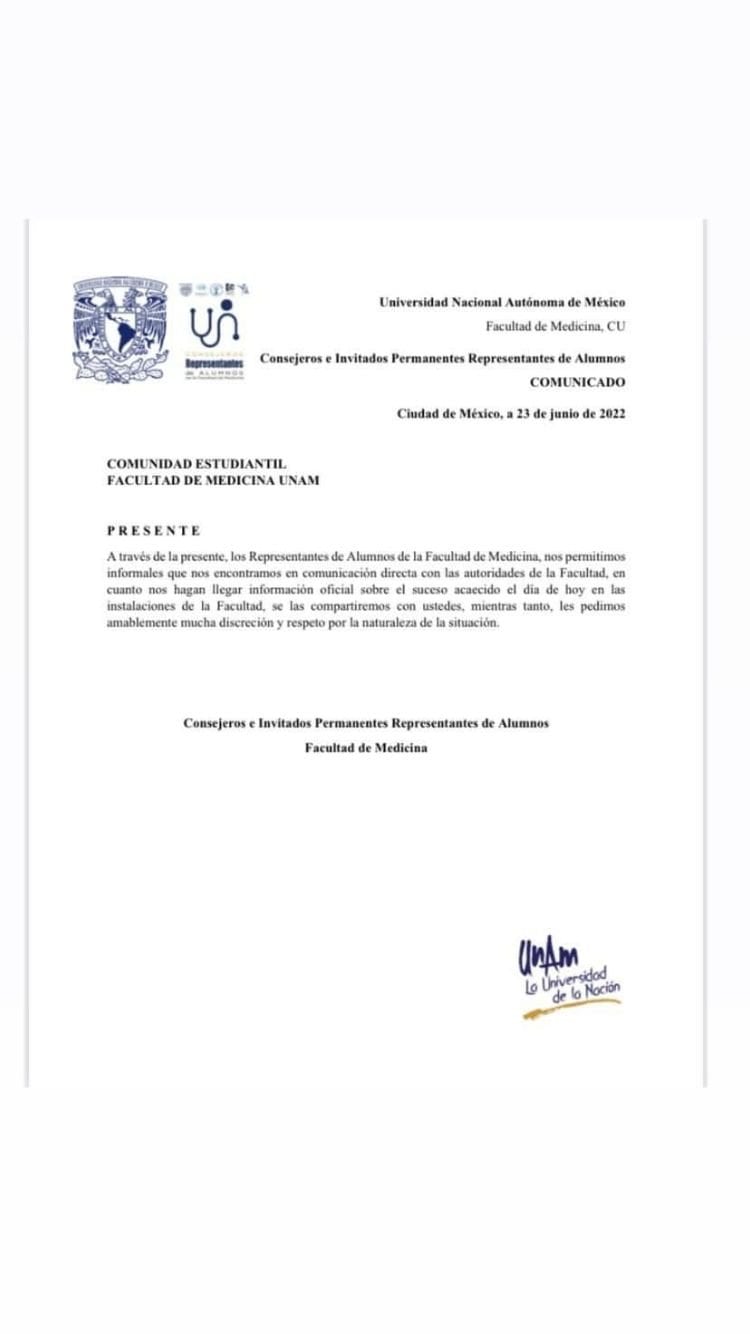 Comunicado de la Facultad de Medicina UNAM