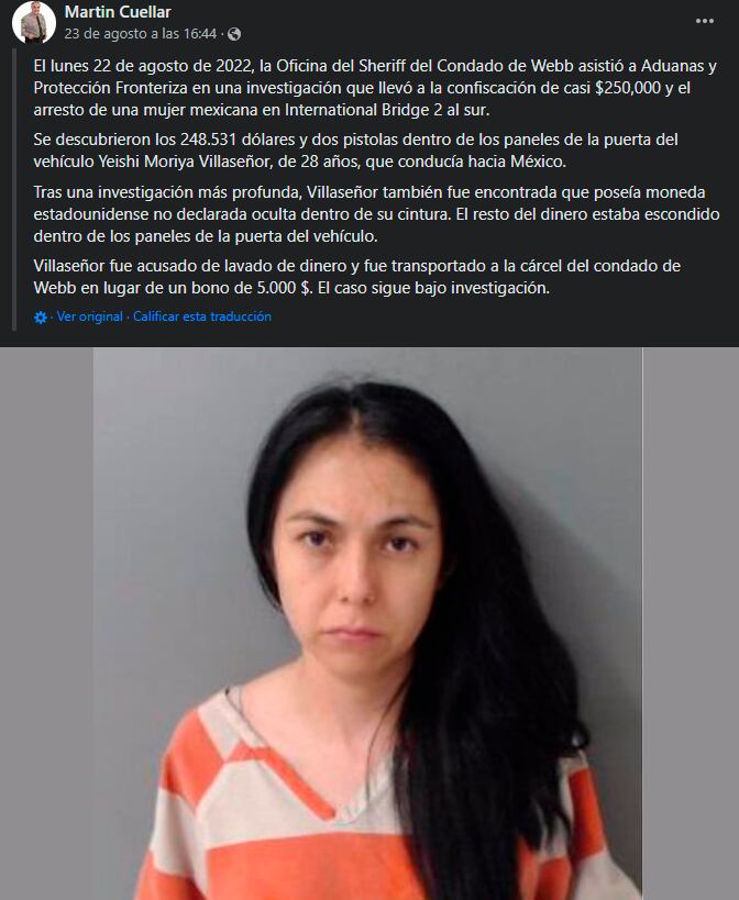 Policía de Webb anuncia la detención de Yeishi Moriya Villaseñor/facebook