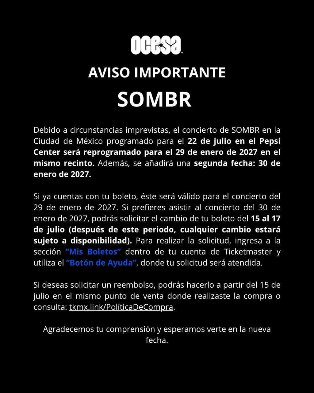 Sombr retrasa su concierto en el Pepsi Center