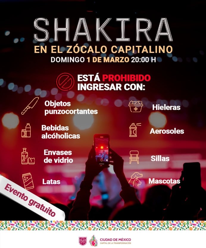 Objetos permitidos en el concierto de Shakira en el Zócalo