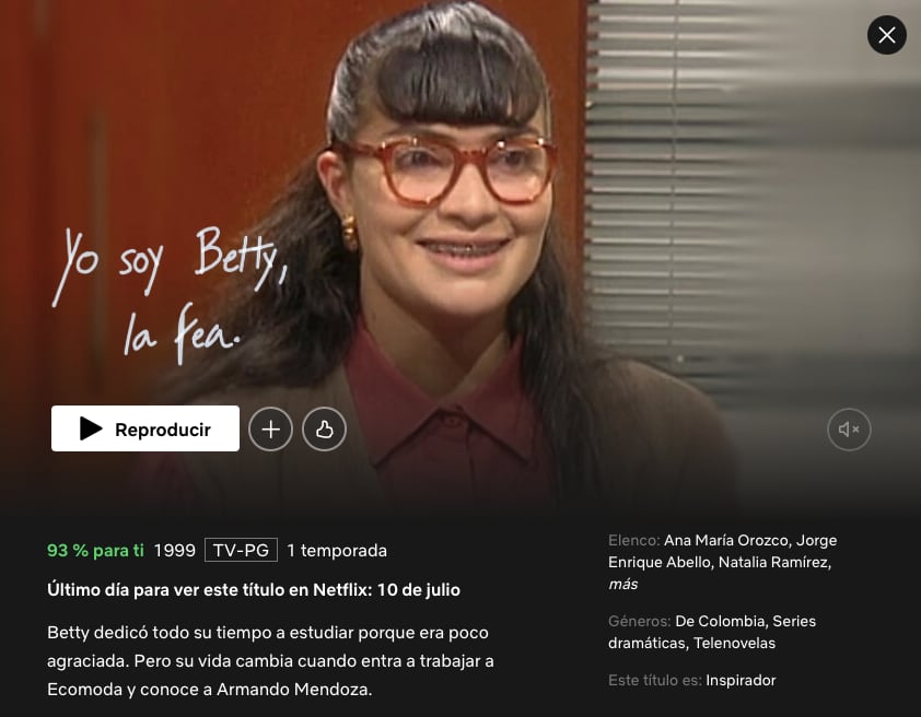 Yo soy Betty, la Fea, abandonará Netflix después de estar siempre en el top 10