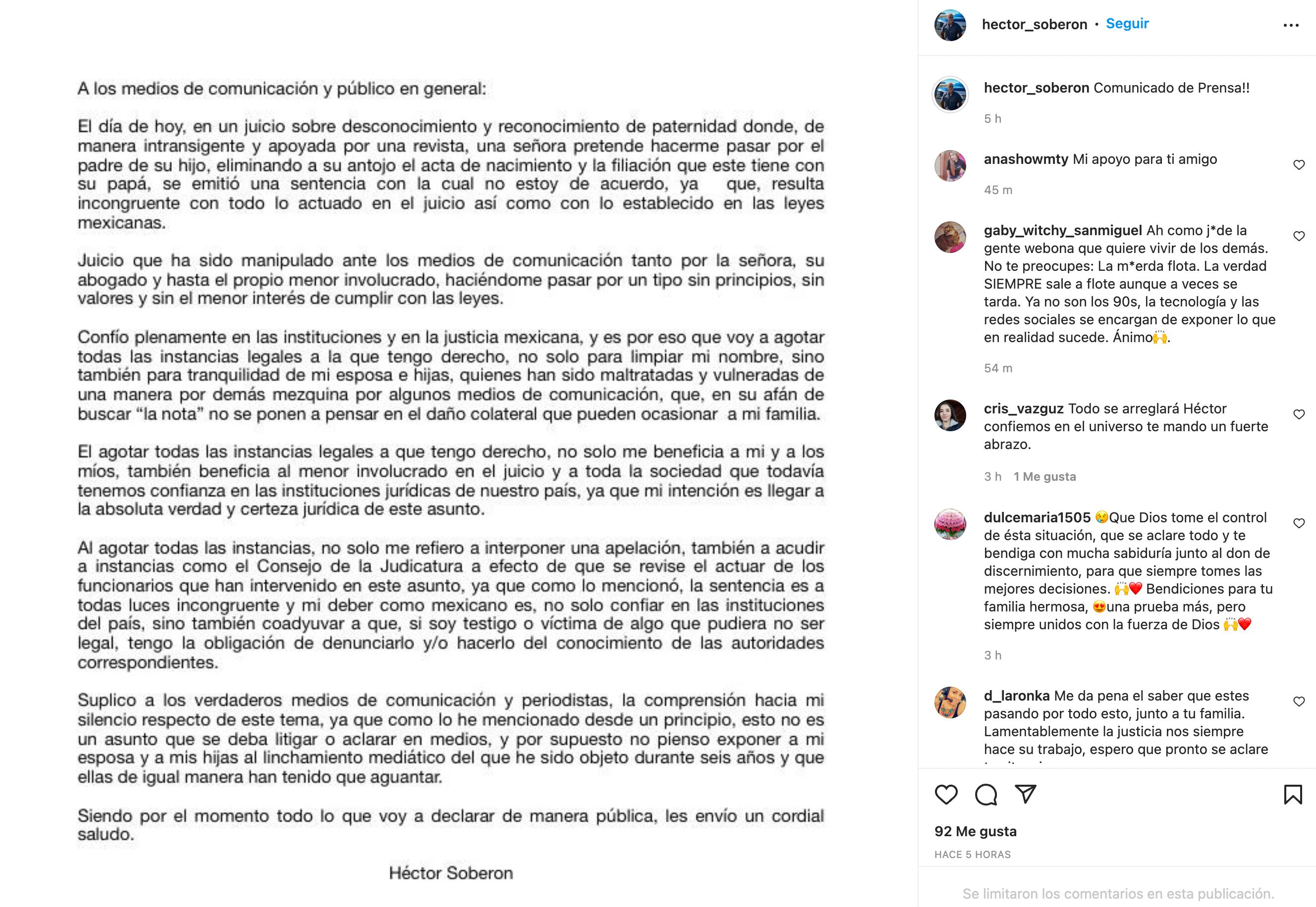 Comunicado de Héctor Soberón
