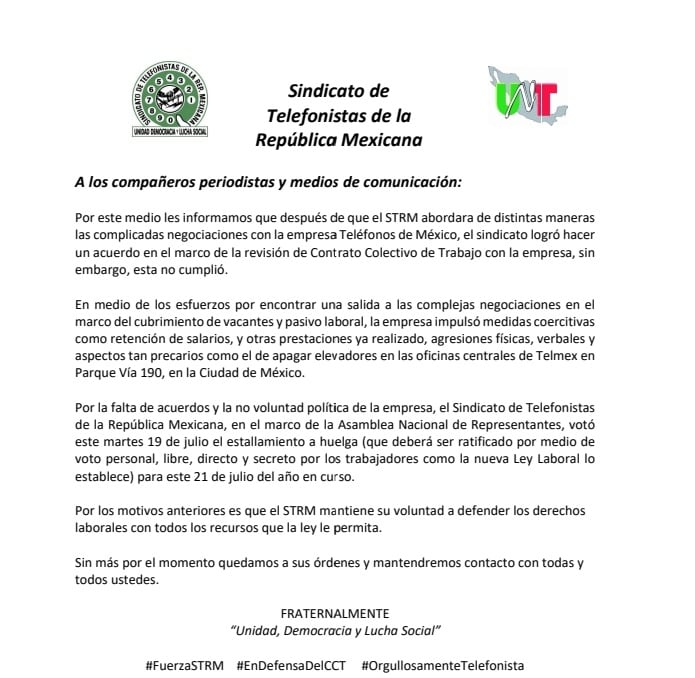 Sindicato de Telefonistas denuncia violaciones por parte de Telmex