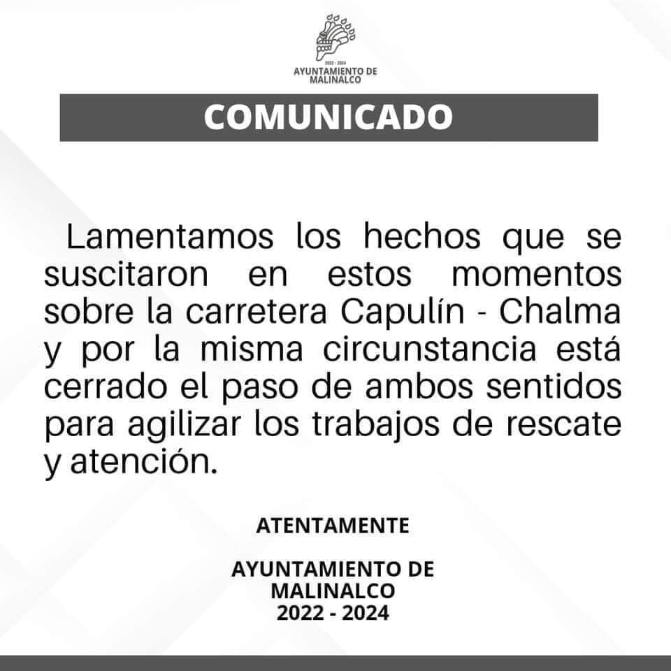 Comunicado tras accidente en Malinalco