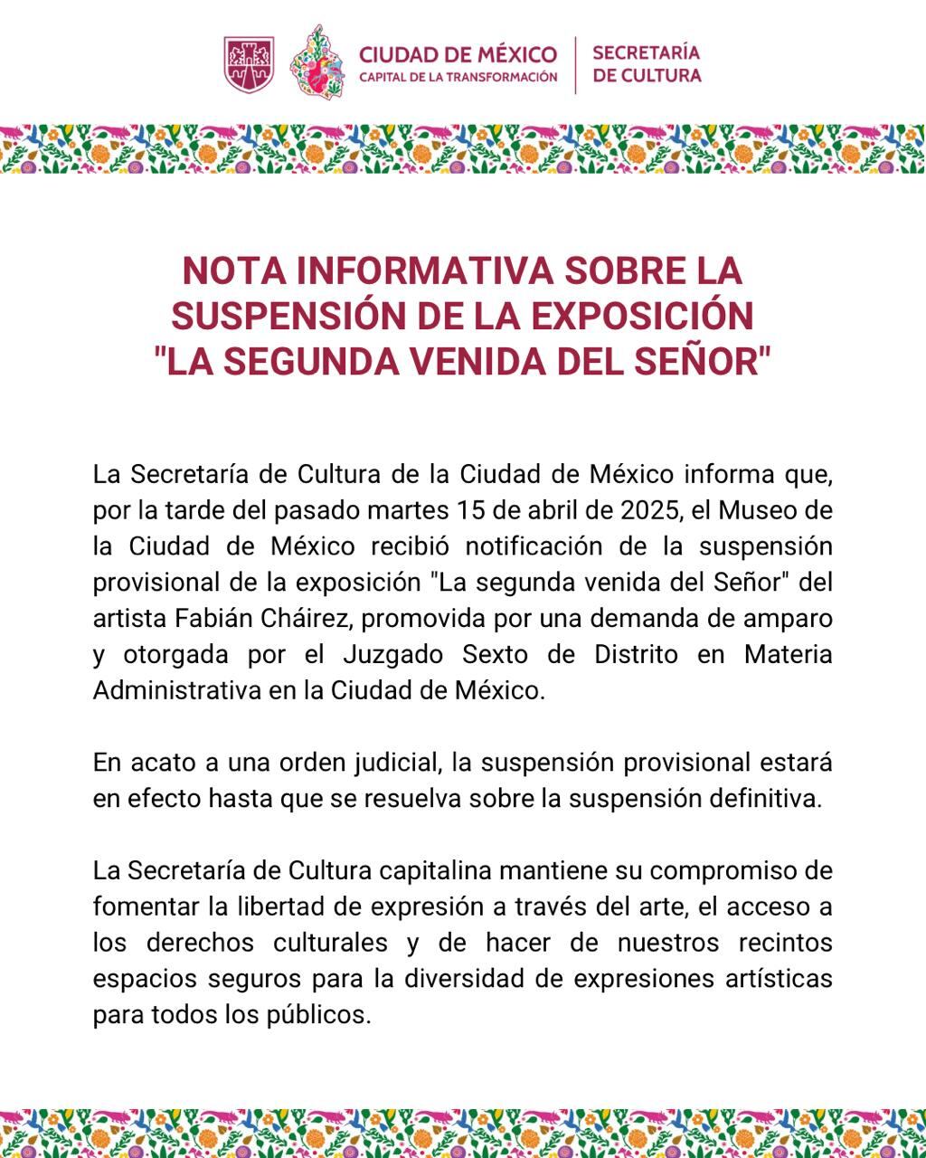 Suspenden una vez mas La segunda venida del Señor de Fabián Cháirez