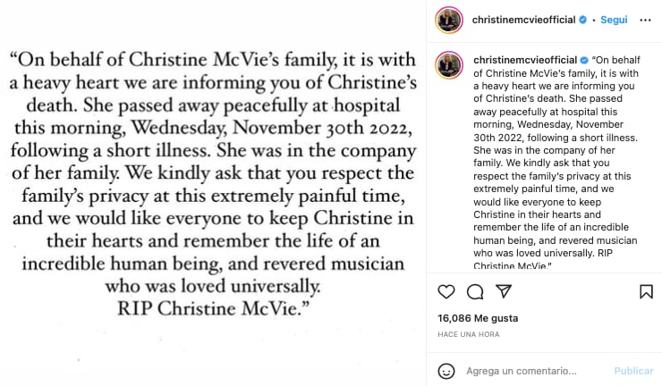 Confirman muerte de Christine McVie