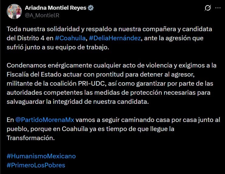 Mensaje de Ariadna Montiel tras agresión a Delia Hernández