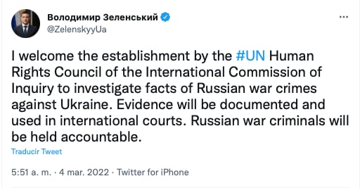 Tuit de Volodímir Zelenski presidente de Ucrania celebrando la decisión de la ONU de investigar crímenes de guerra en contra su país