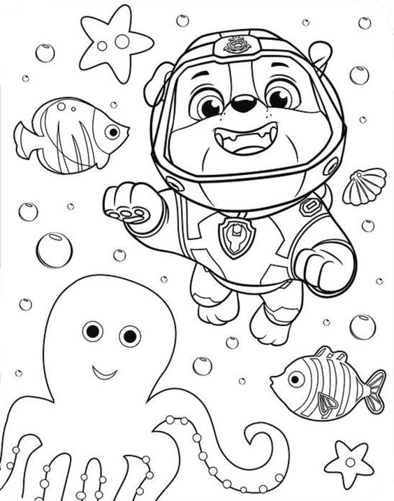 Dibujos para colorear de Rubble de Paw Patrol en el mar