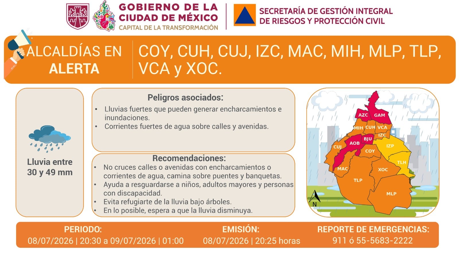 Alerta naranja y amarilla en CDMX por lluvias intensas