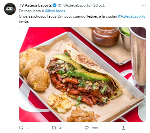 Tuit TV Azteca Esports invitando tacos a Ibai