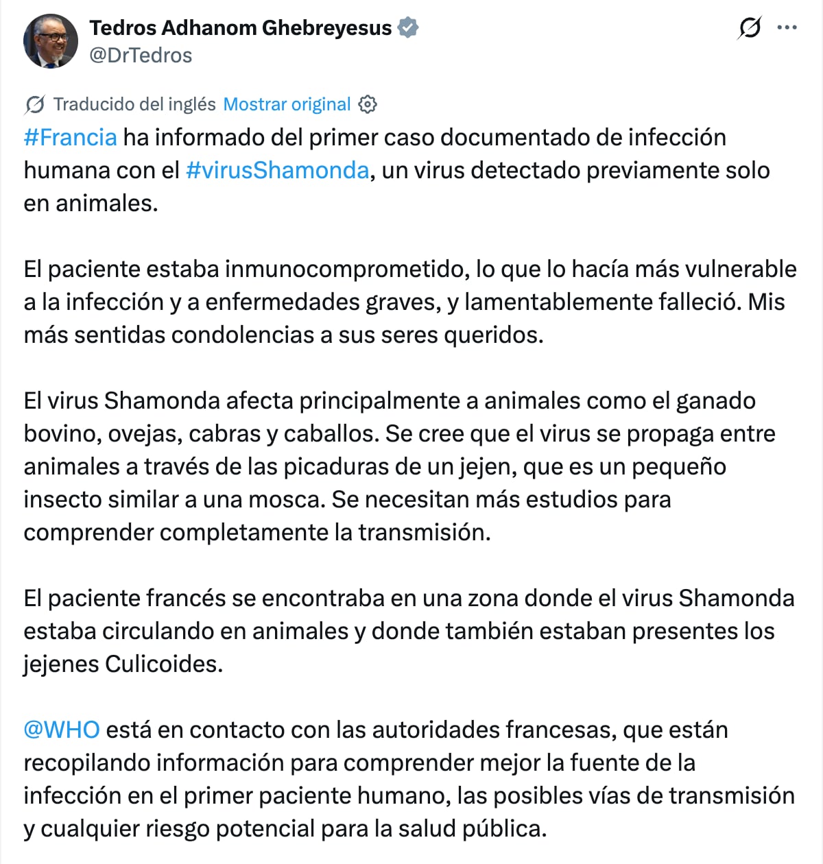 OMS contacta a Francia por caso humano del virus Shamonda