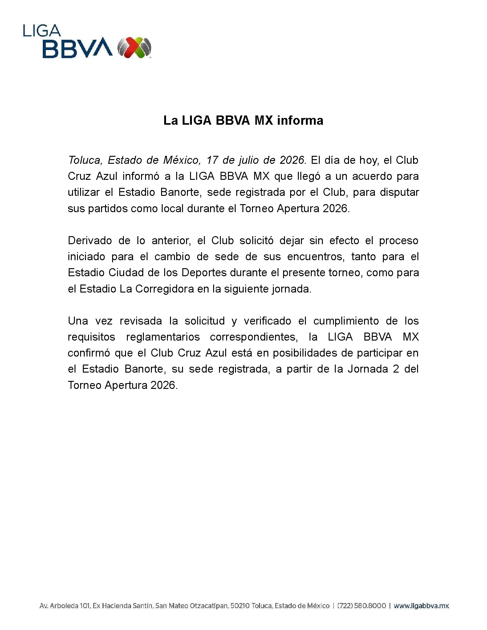 La Liga MX informó sobre la sede de Cruz Azul para el Apertura 2026