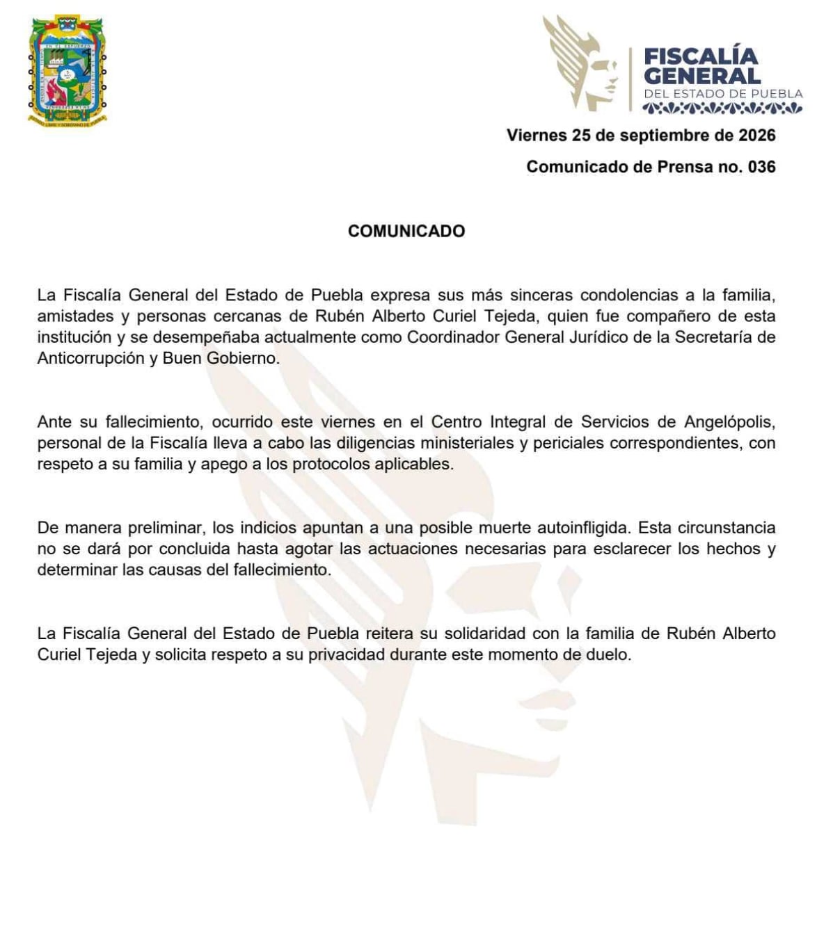 FGE de Puebla confirma muerte de Rubén Alberto Curiel, exfiscal Anticorrupción de Puebla