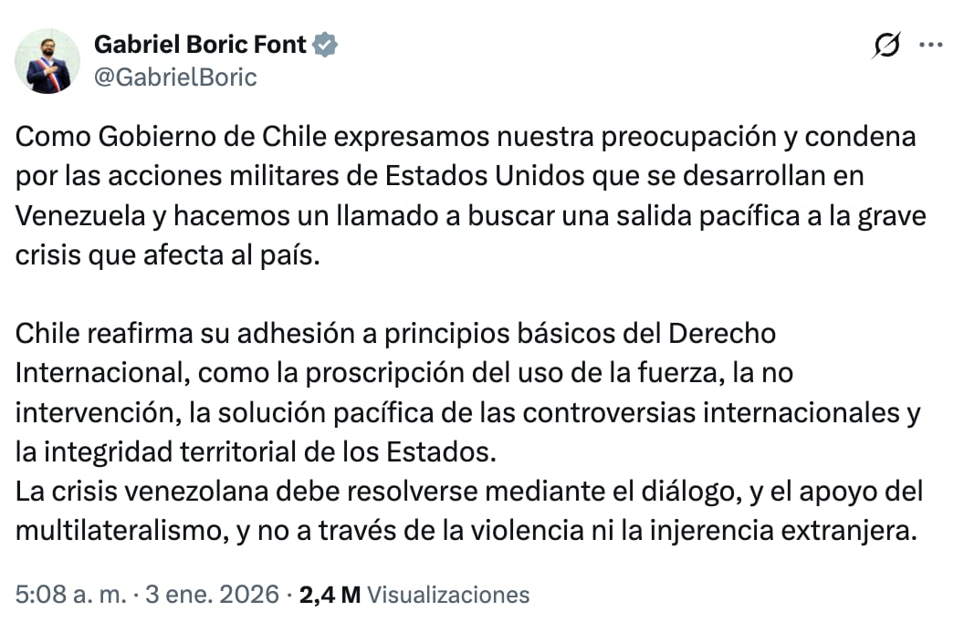 Gabriel Boric sobre la captura de Maduro