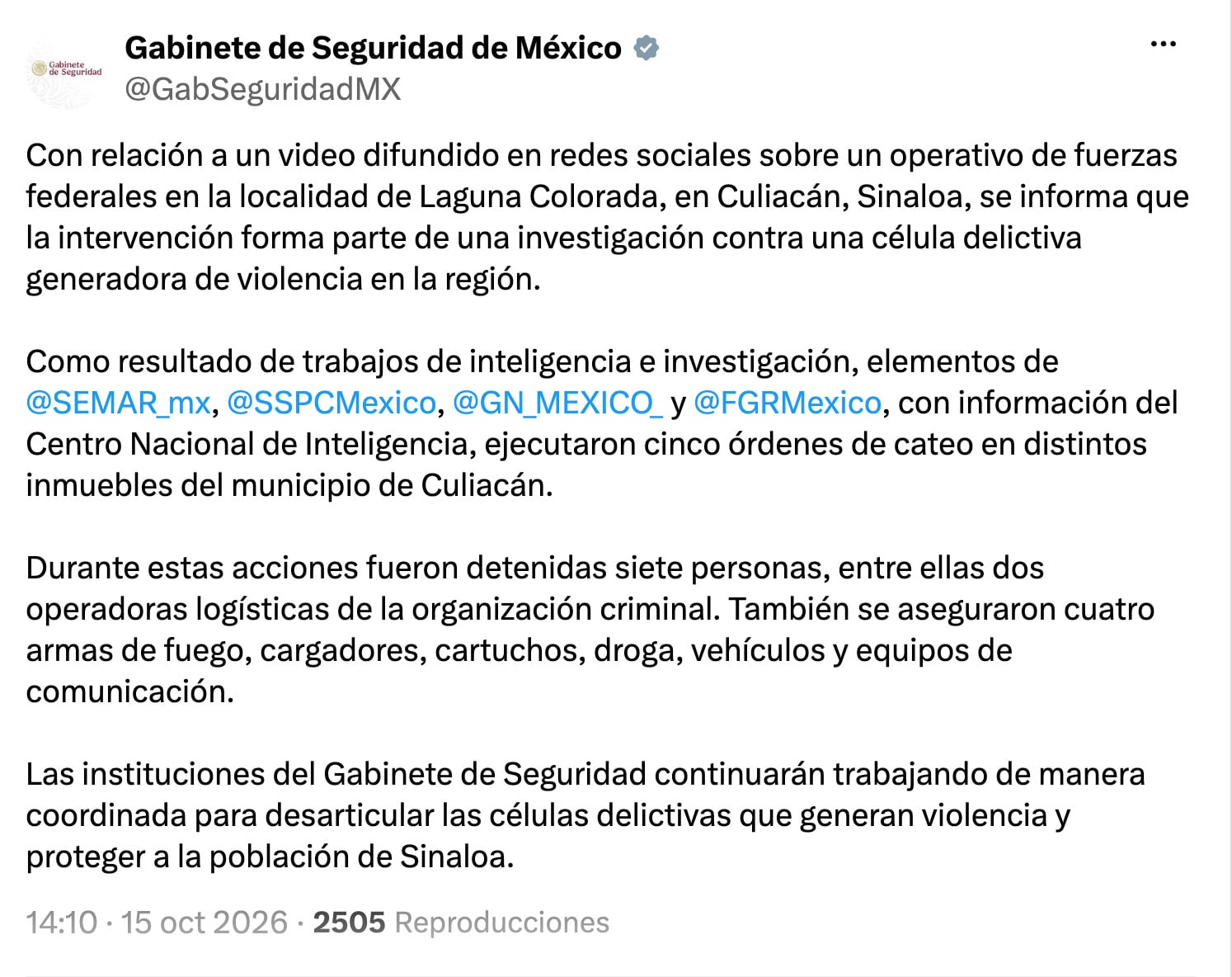 Operativo federal en Laguna Colorada, Culiacán: Gabinete de Seguridad confirma siete detenidos