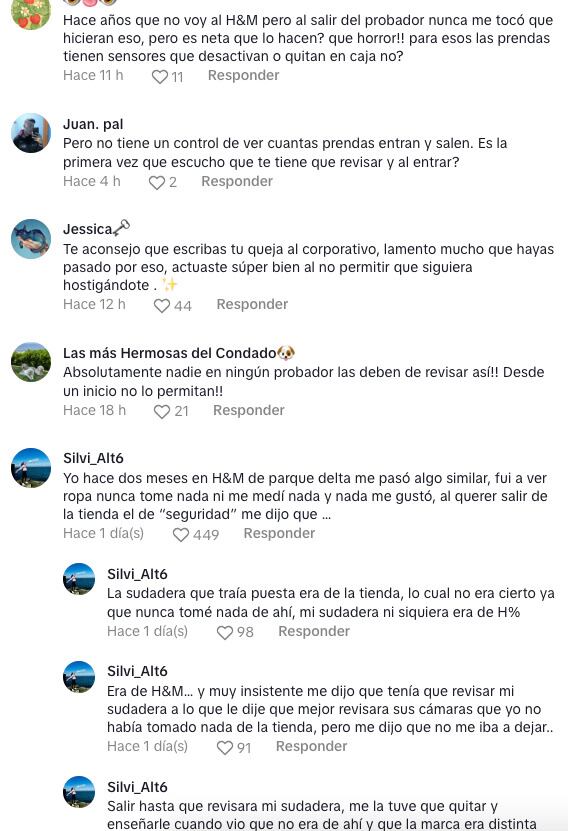 Comentarios en el TikToK sobre la denuncia a H&M por acoso