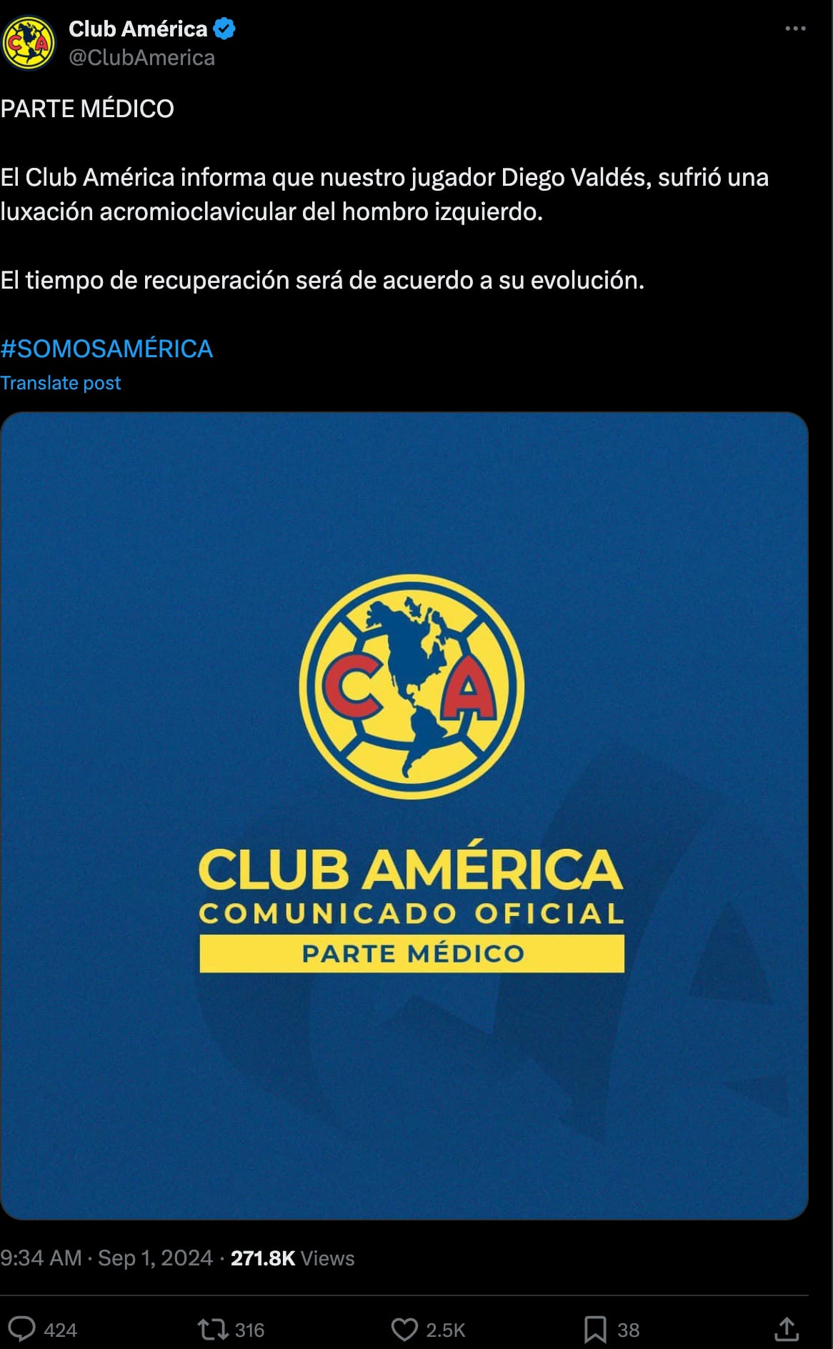 Club América anuncia el estado de Diego Valdés