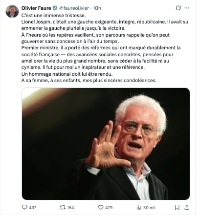 Olivier Faure reacciona a muerte de Lionel Jospin