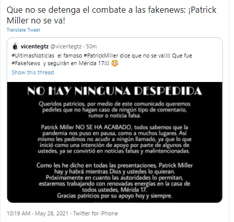 Post sobre el falso cierre del Patrick Miller.