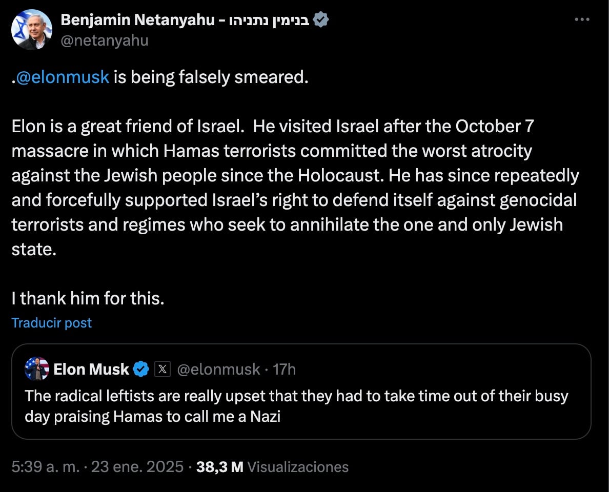 Benjamin Netanyahu defiende a Elon Musk