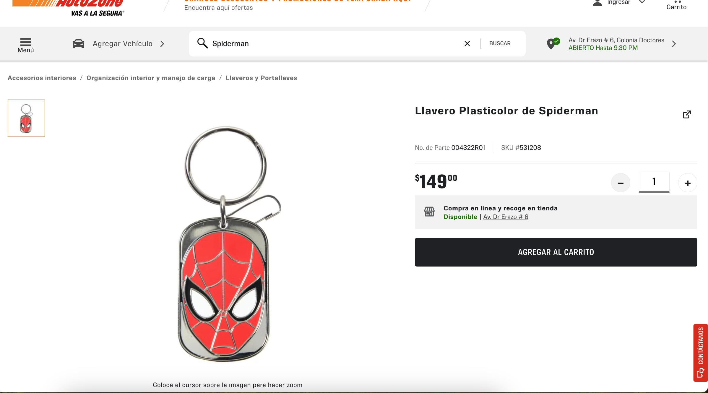Llavero de Spider-Man en Autozone