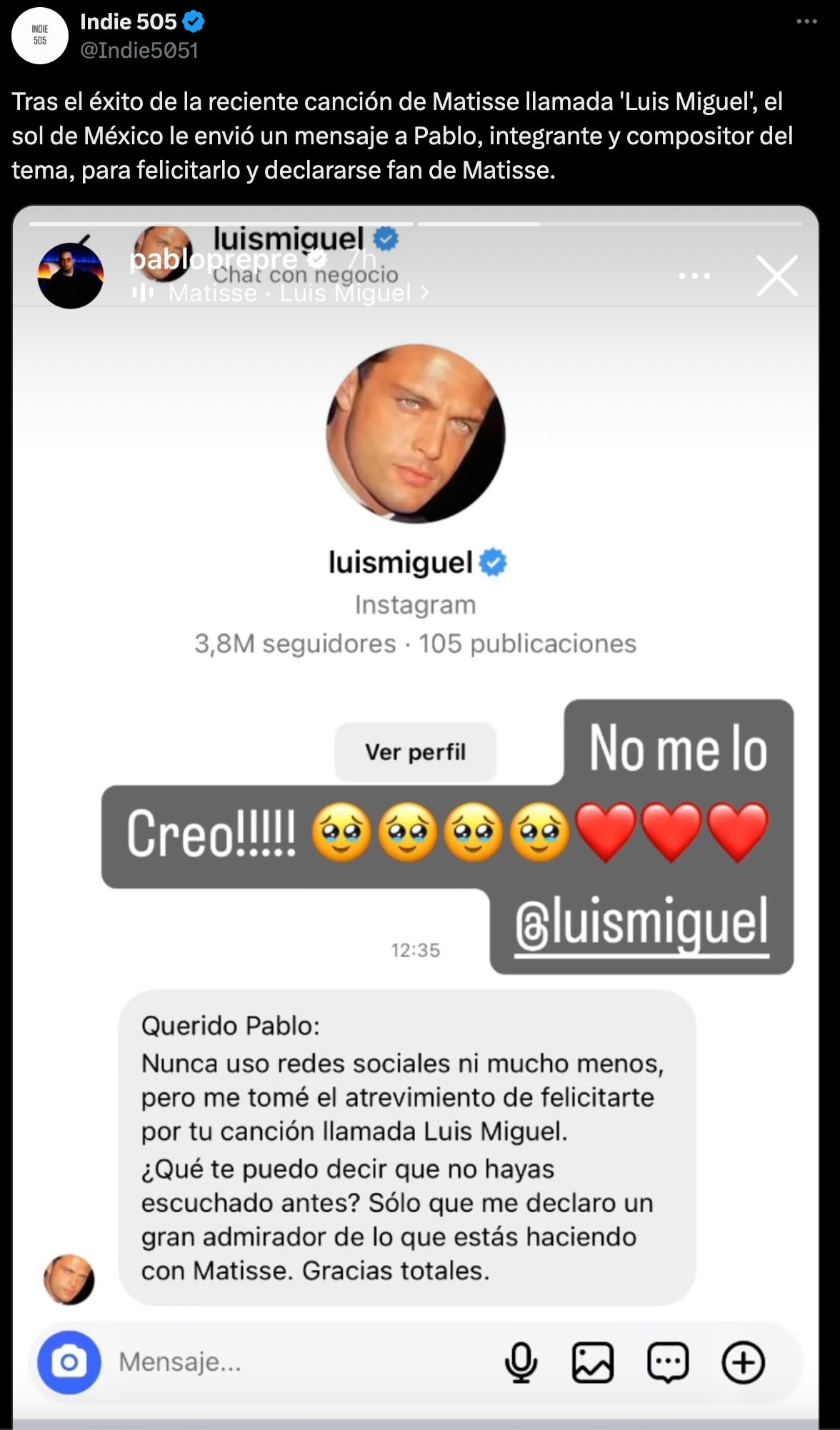Luis Miguel le envió un mensaje para felicitar a Pablo Preciado, integrante de Matisse