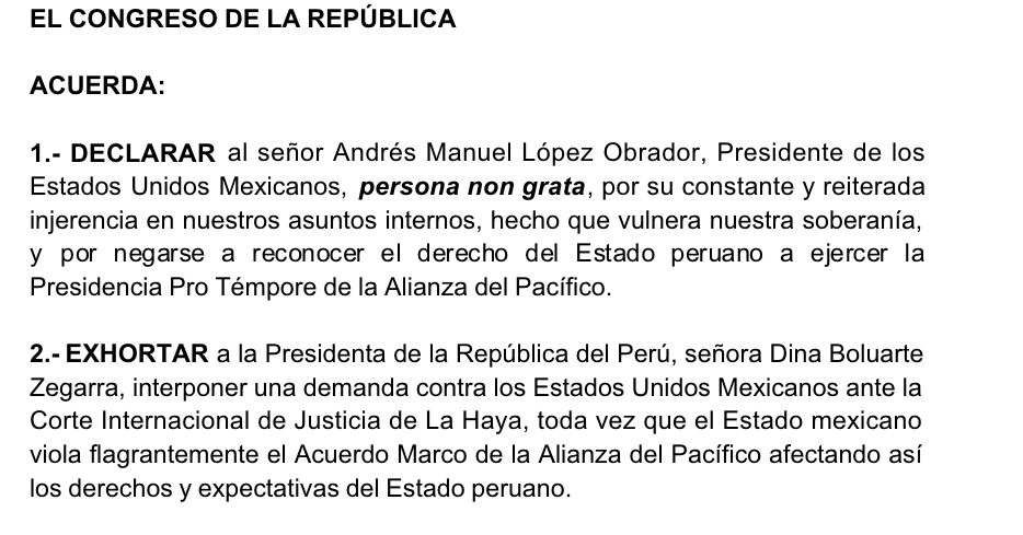 En Perú quieren declara "persona non grata" a AMLO