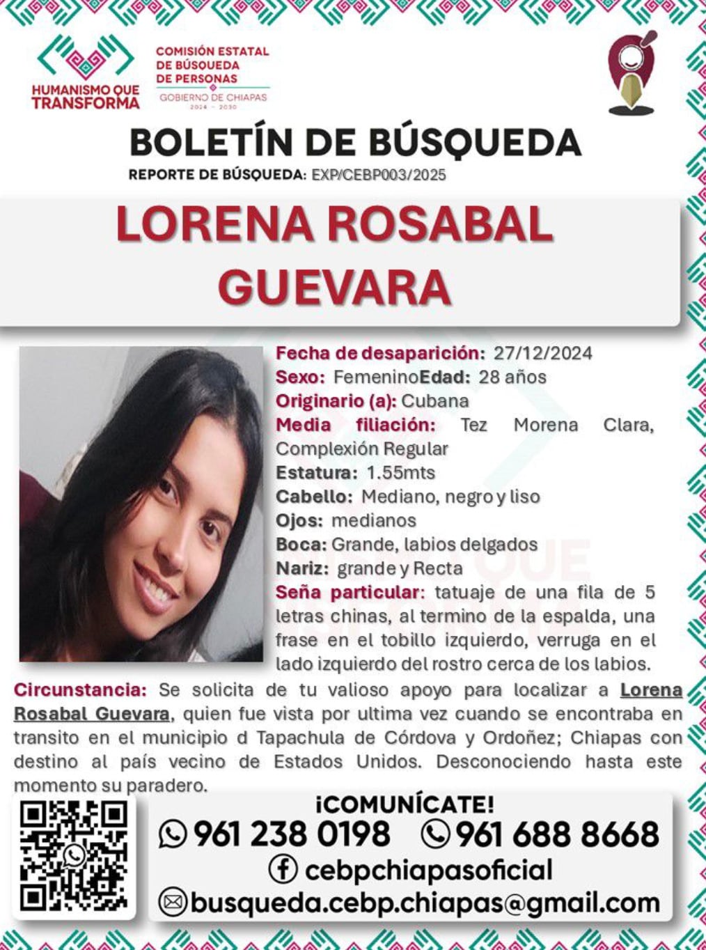 Ficha de búsqueda de migrante cubana desparecida en Chiapas en 2024