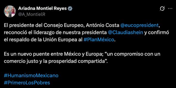 Ariadna Montiel presume apoyo de la Unión Europea al Plan México de Sheinbaum