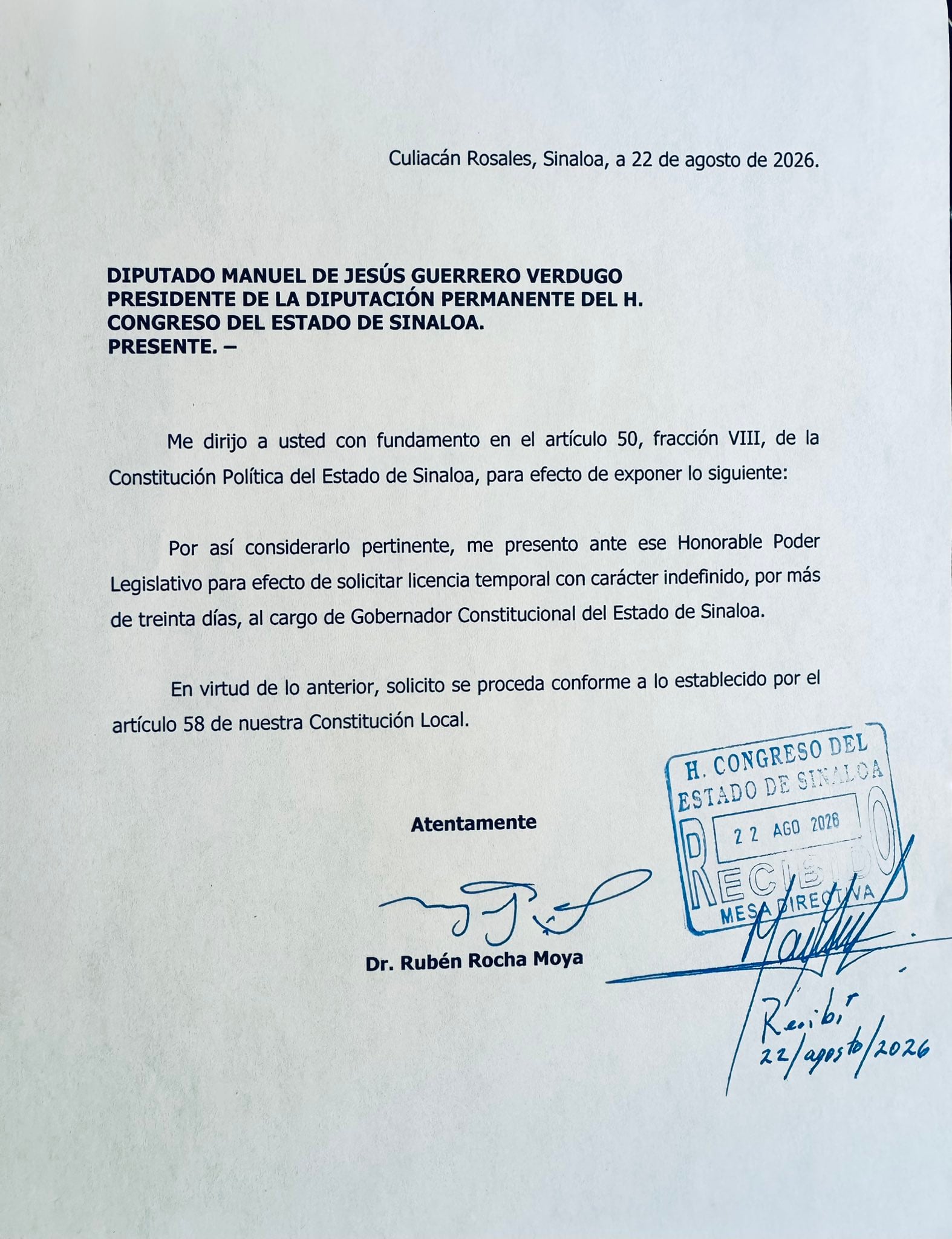 Rocha Moya vuelve a pedir licencia