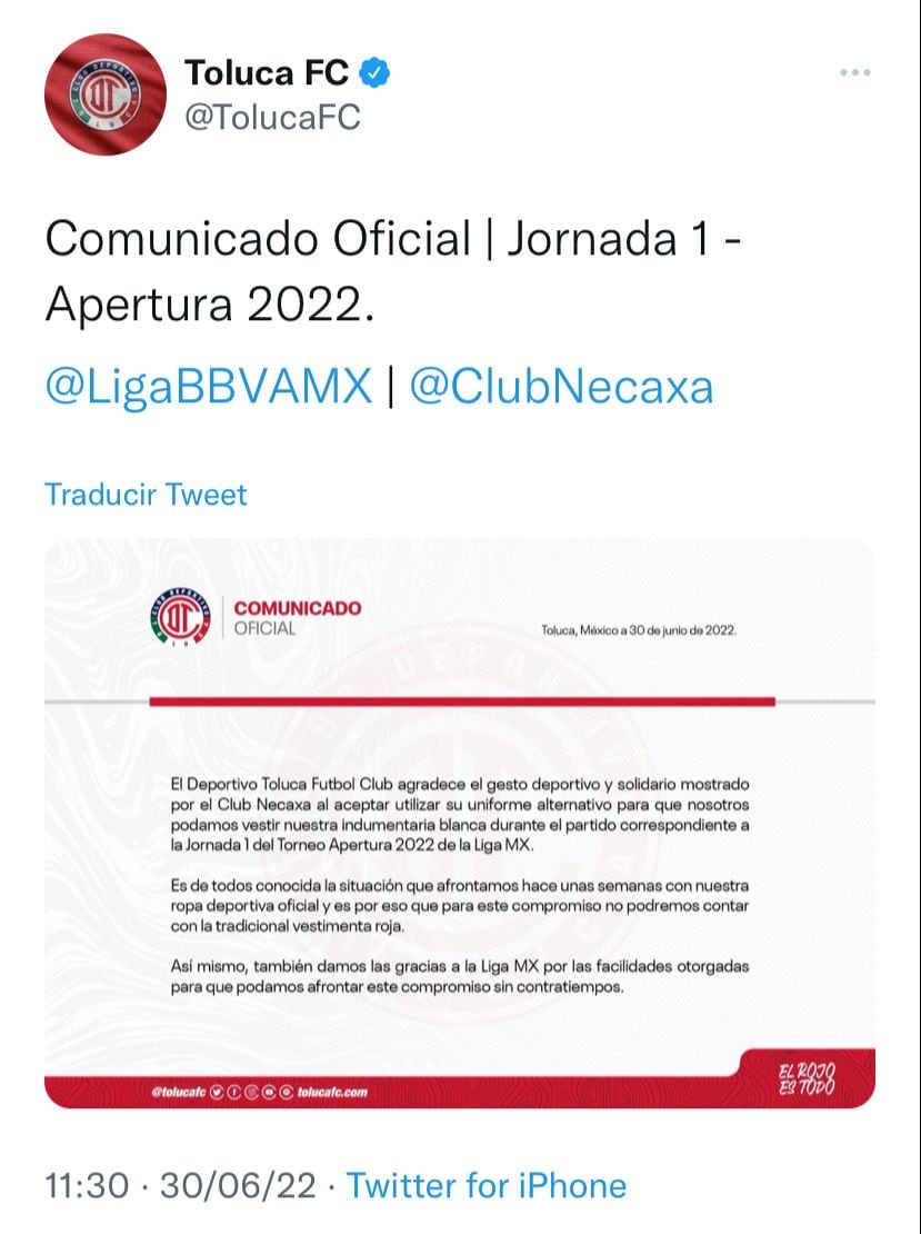 El Deportivo Toluca informó la situación que atraviesa el equipo con sus uniformes para el Apertura 2022.