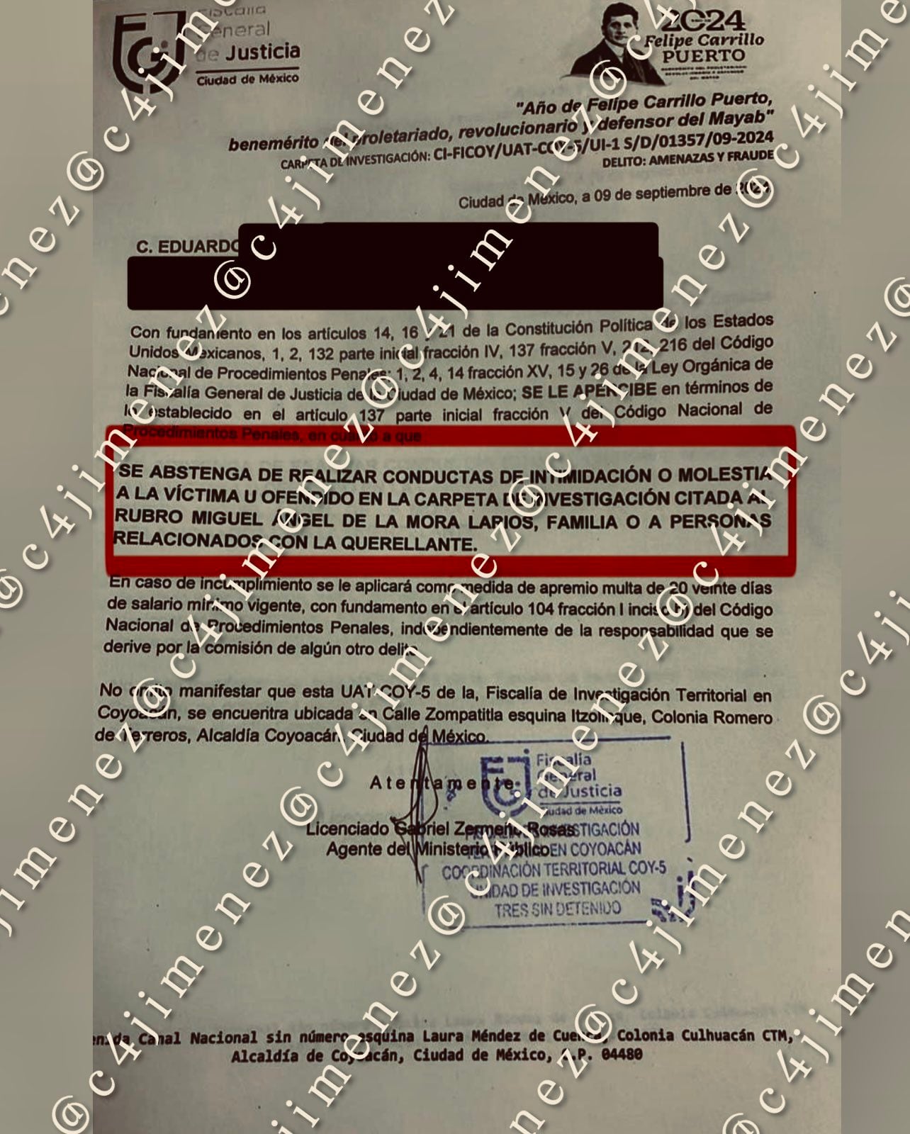 Miguel de la Mora denunció amenazas en la Fiscalía de Coyoacán.