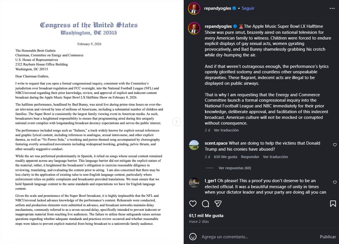 Políticos exigen multas a Bad Bunny tras su actuación en el Super Bowl