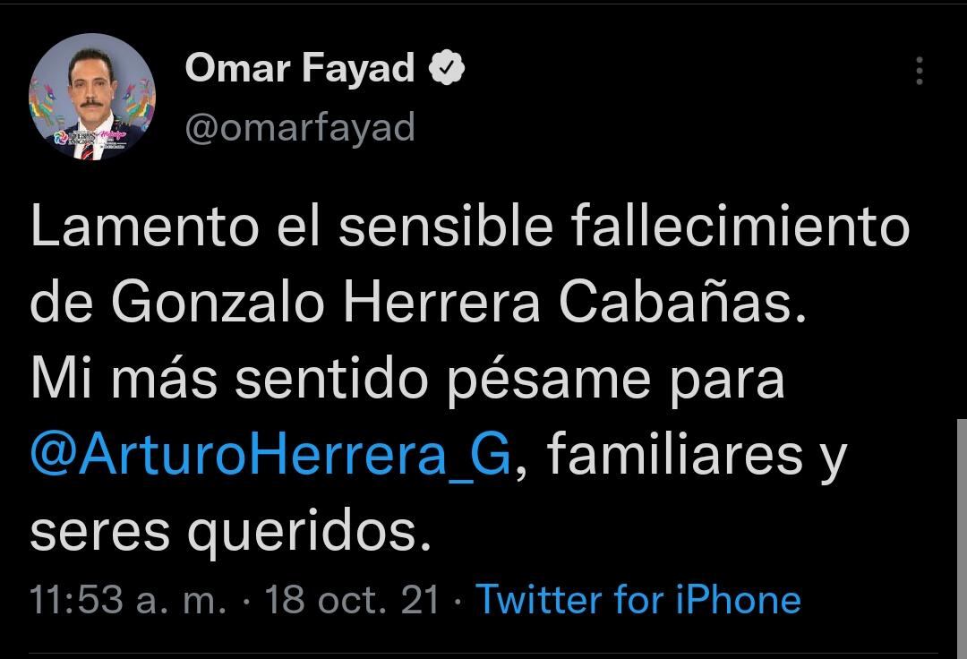 Omar Fayad lamenta muerte de Gonzalo Herrera Cabañas