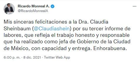 Tuit de Ricardo Monreal