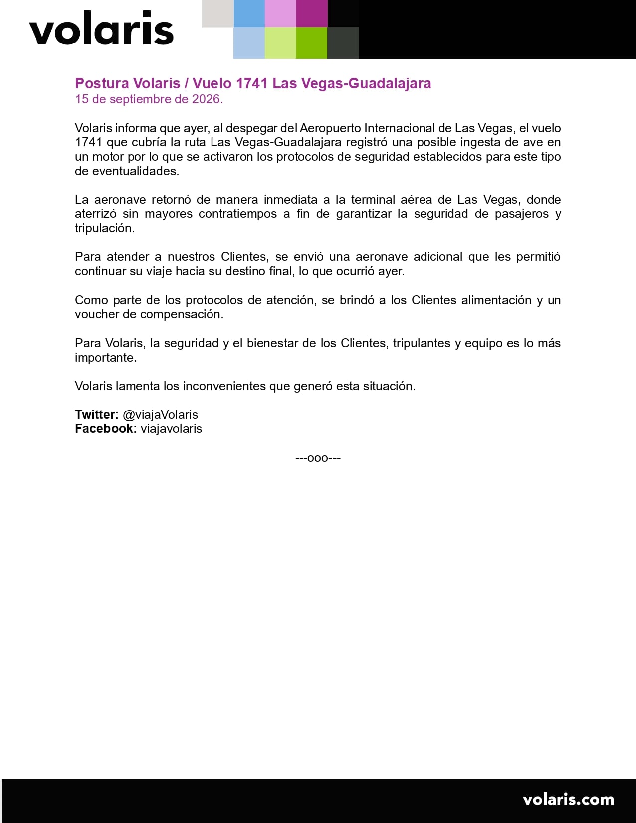 Postura oficial de Volaris sobre vuelo que despegó del Aeropuerto Internacional de Las Vegas