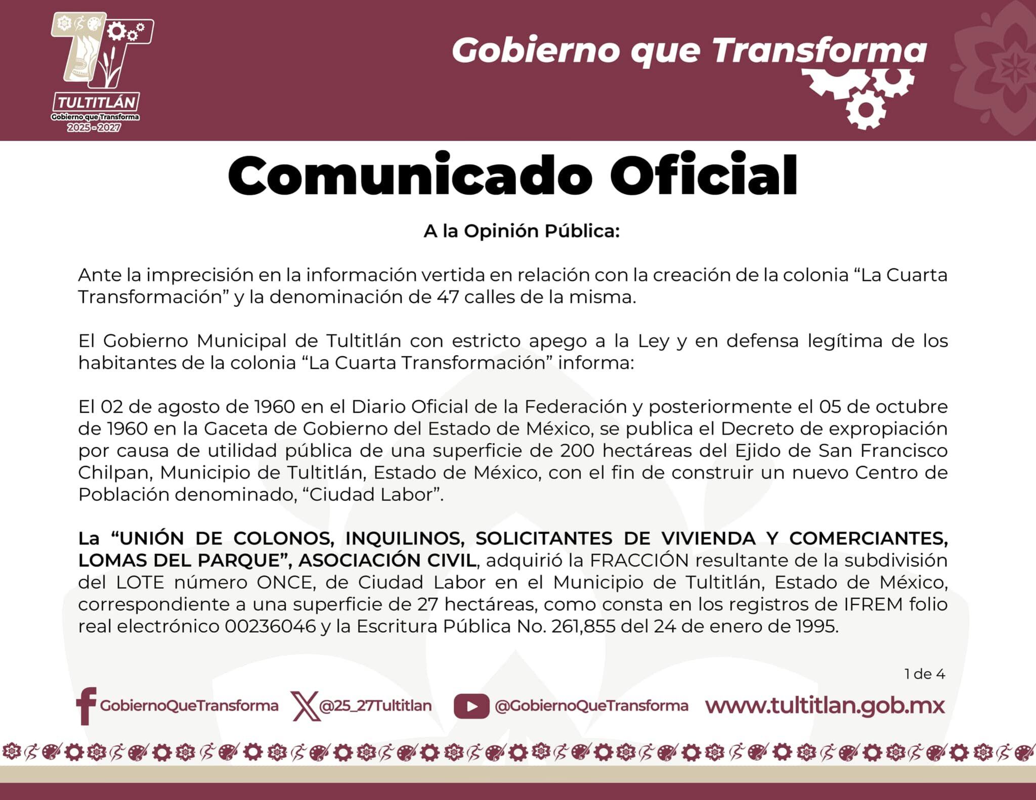 Comunicado del Gobierno de Tultitlán, sobre la colonia La Cuarta Transformación, acusa que enfrenta a “grupos de interés”