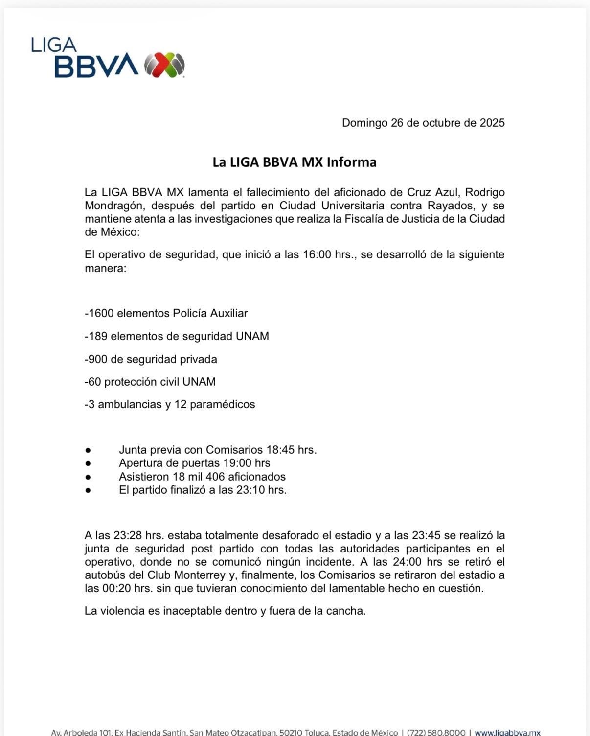Comunicado de la Liga MX sobre Rodrigo Mondragón, aficionado de Cruz Azul, que murió en CU.