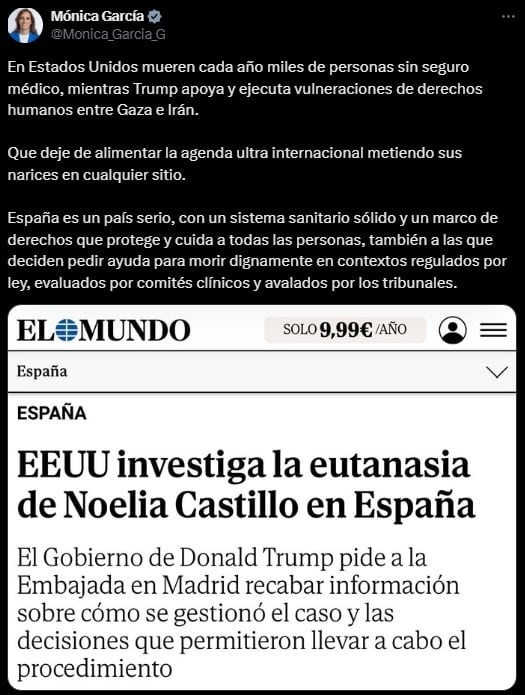 La ministra de Sanidad de España, Mónica García, responde a Donald Trump