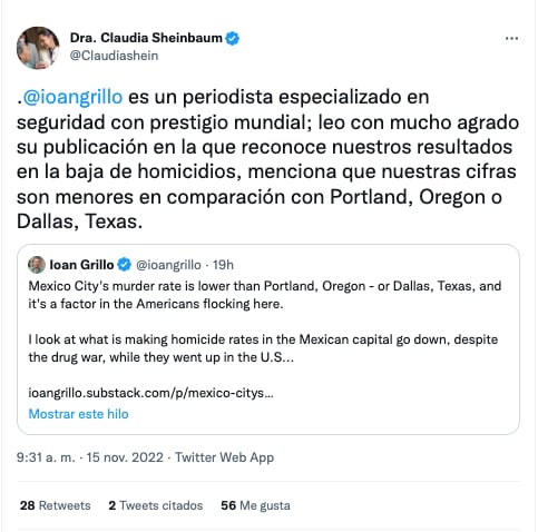 Claudia Sheinbaum presume que la CDMX tiene menos homicidios que en ciudades de EEUU