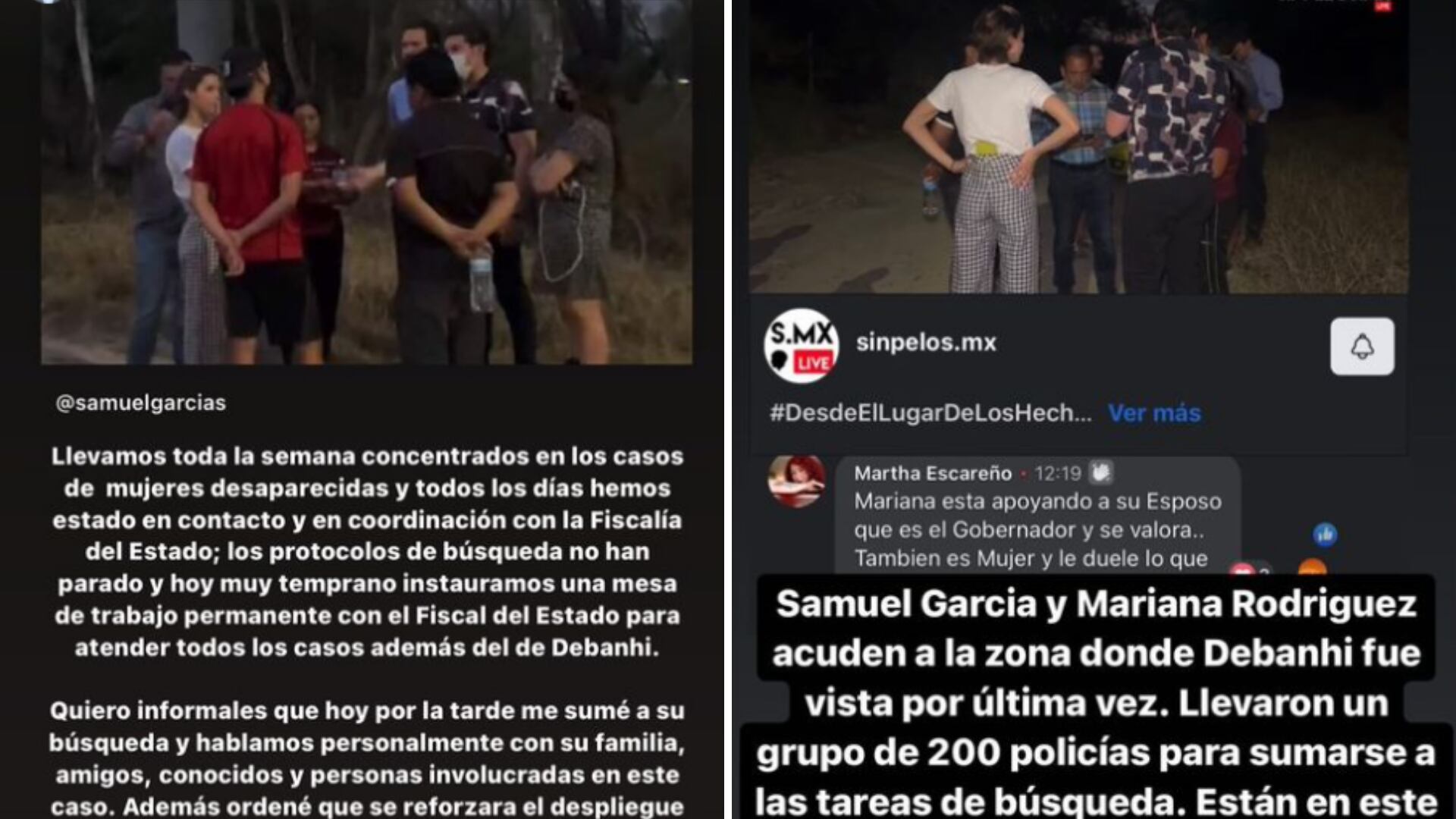 Captura de pantalla de Instagram de Mariana Rodríguez y Samuel García por la búsqueda de Debanhi