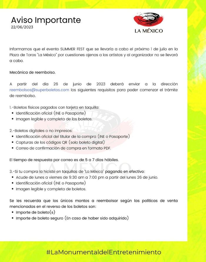 Comunicado sobre la cancelación del Summer Fest 2023 y mecánica de reembolso de boletos