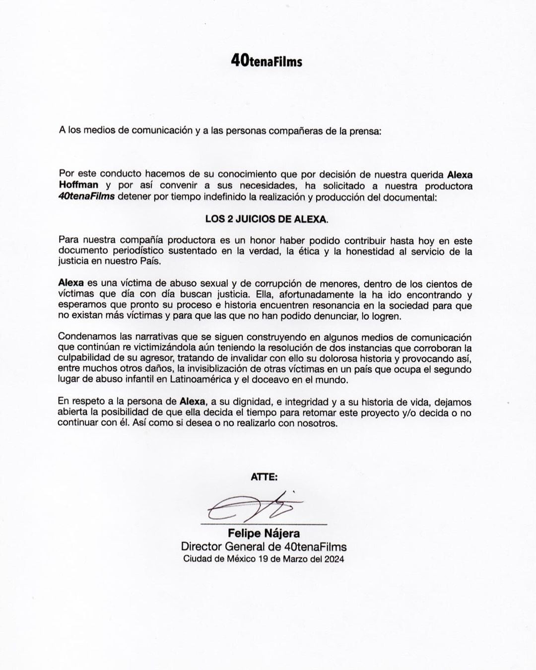 Documental de Alexa Hoffman queda detenido tras sentencia de Héctor Parra.