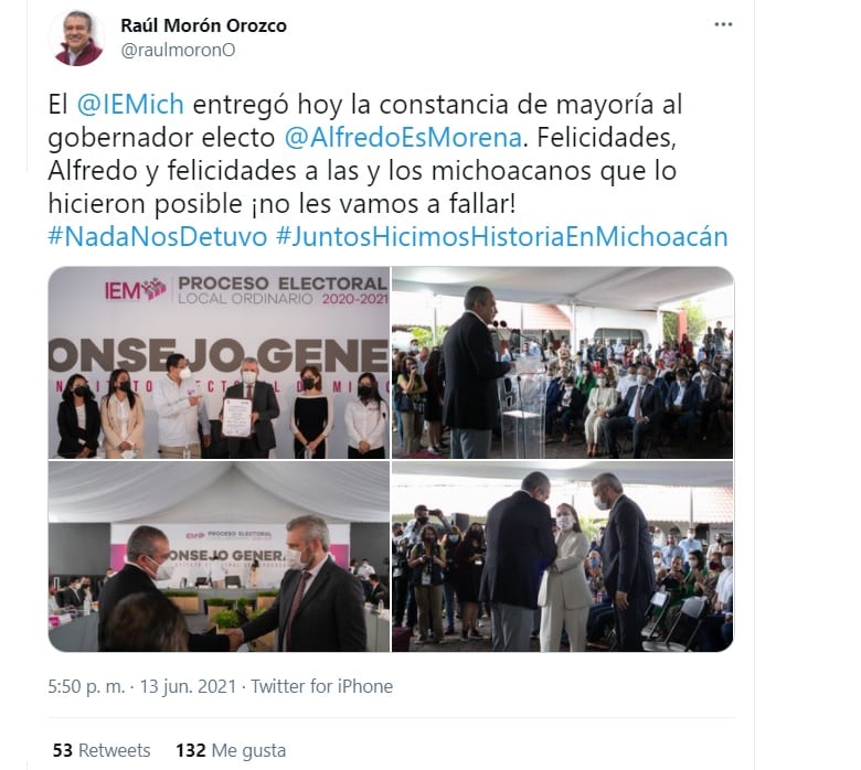 Raúl Morón celebra entrega de constancia de mayoría a Alfredo Ramírez Bedolla