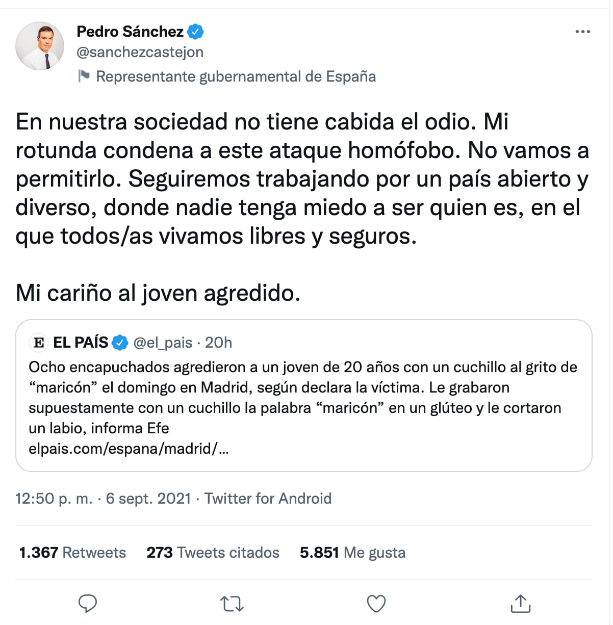 Mensaje de Pedro Sánchez