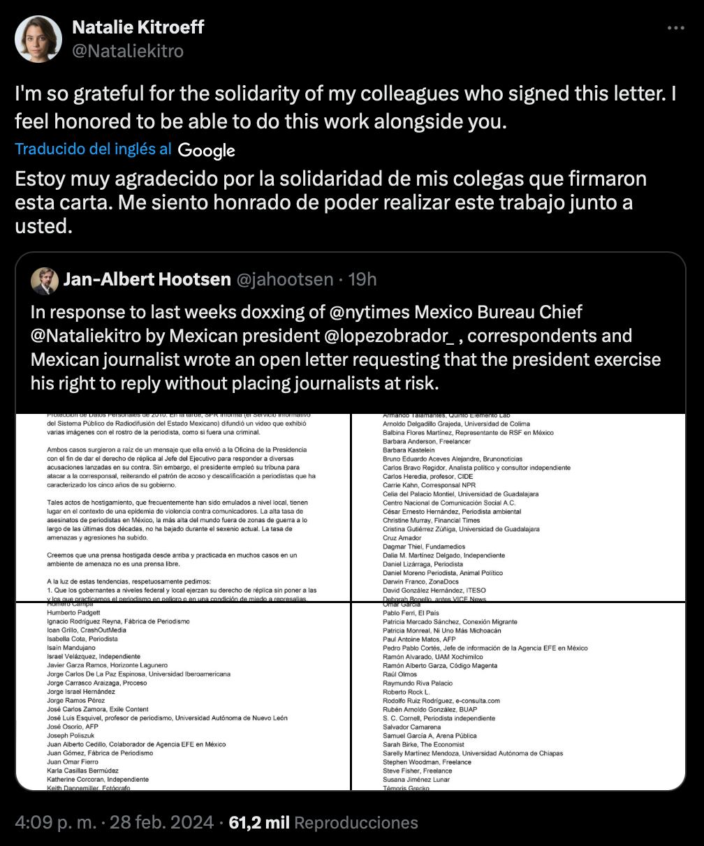 Natalie Kitroeff agradece respaldo de periodistas tras difusión de su número de teléfono
